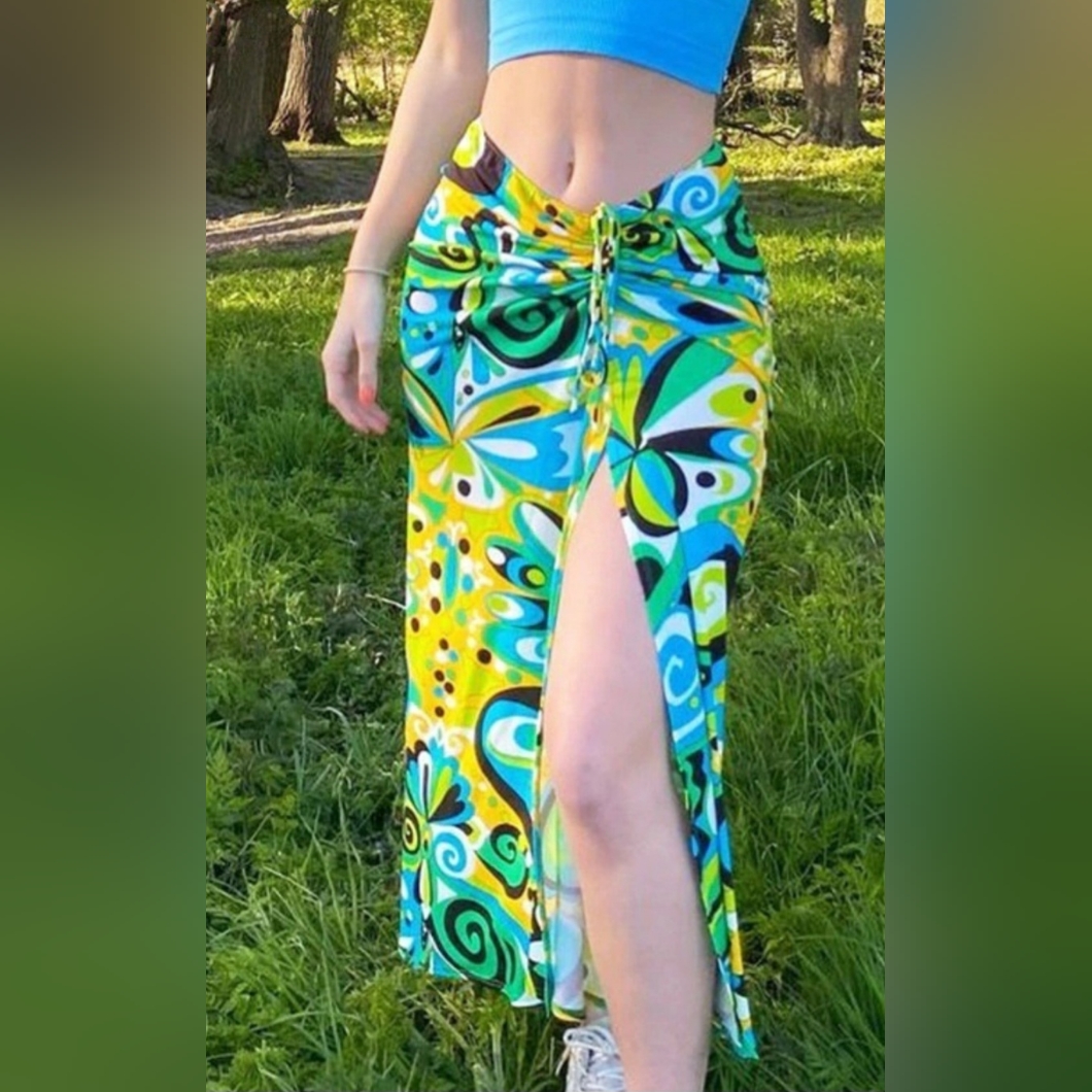 Nwt Zara Draped Midi Skirt With Yellow, Green And Blue Floral Print Sz Large